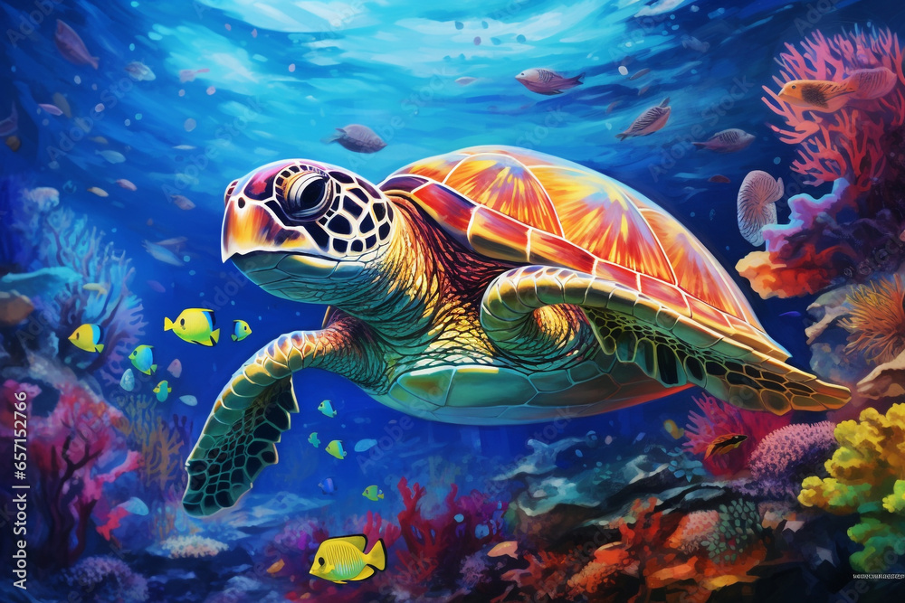 turtle with group of colorful fish and sea animal with colorful coral under sea water turtle with group of colorful fish and sea animal with colorful coral under sea water