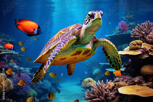turtle with group of colorful fish and sea animal with colorful coral under sea water © Salawati