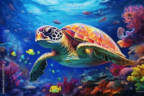 turtle with group of colorful fish and sea animal with colorful coral under sea water