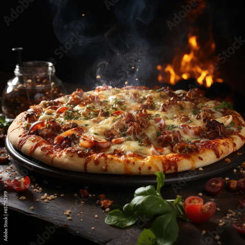 Hot big pepperoni pizza with smoke and fire composition with melting cheese bacon tomatoes ham paprika steam smoke