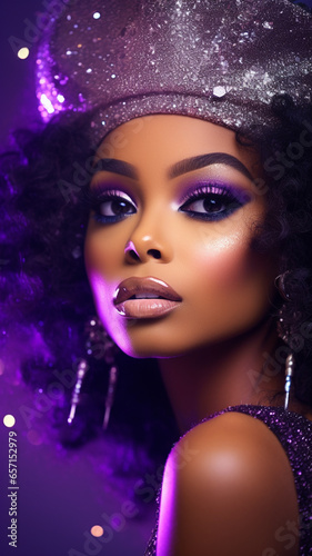 Christmas photo of an african american girl with fashion makeup  sparkles  New Year