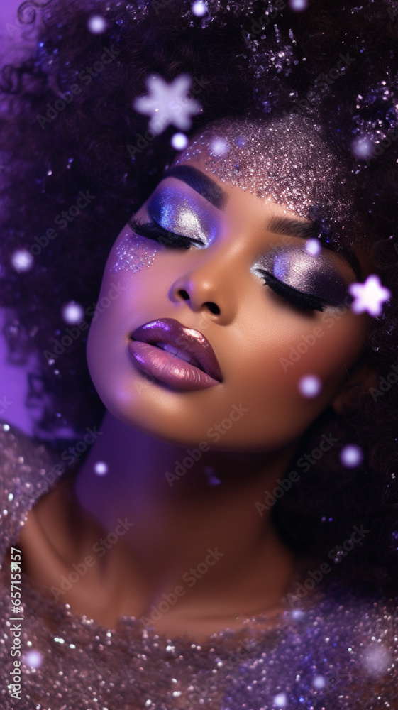 Christmas photo of an african american girl with fashion makeup, sparkles, New Year