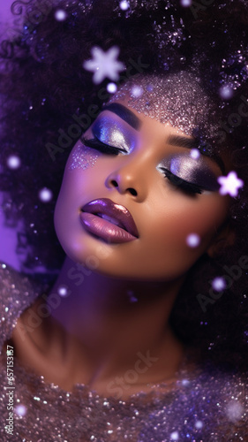 Christmas photo of an african american girl with fashion makeup  sparkles  New Year