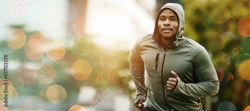 Фотография Fitness, bokeh and black man running outdoor, exercise or training healthy body in the morning in winter