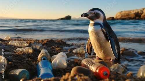Penguin on the beach with garbage, Plastic waste, Environmental pollution. Pollution of the ocean and coast.