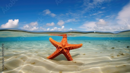 Starfish on the sand beach in clear sea water. Summer time