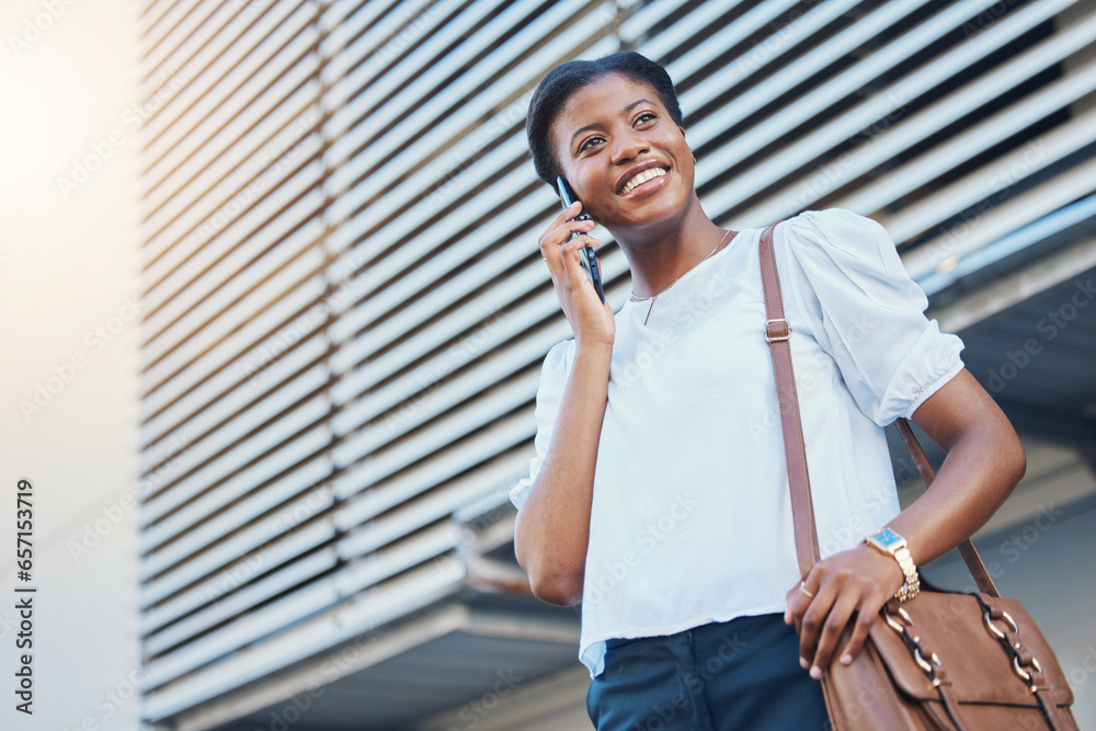 Phone call, walking and young woman in city with communication, discussion or networking. Happy, technology and African female person on mobile conversation with cellphone commuting in town street.