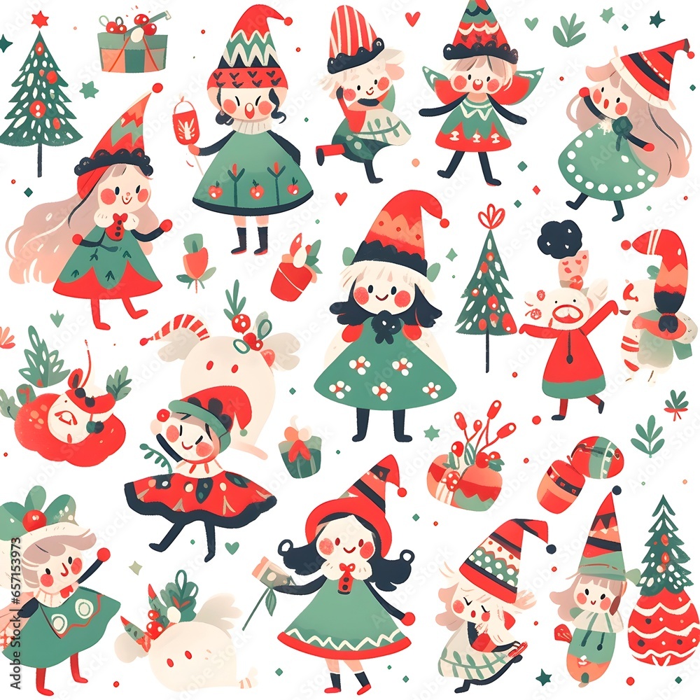 set of Christmas doodle cute girls water color style vector illustration set of Christmas doodle cute girls water color style vector illustration