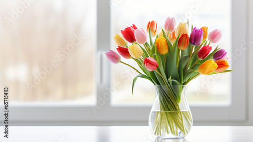 Beautiful colorful tulips in glass vase on white table