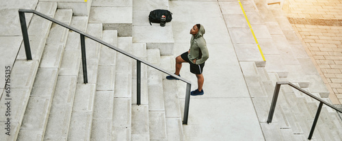 Tired black man, stairs and fitness on break from running, exercise or outdoor workout in city. Banner of African male person, athlete or runner in rest, recovery or training on steps in urban town