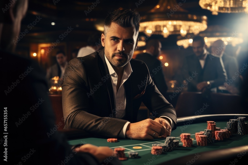 Man in suit playing poker at casino. - obrazy, fototapety, plakaty 