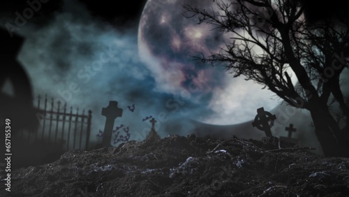 Photo background of a graveyard, cemetery filled with tombstones, gravestones. Wet ground, misty and foggy, full moon. Halloween, spooky season.