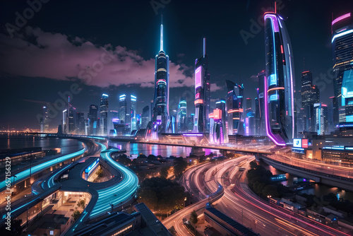 Neon mega city capital towers with futuristic technology background, future modern building virtual reality, night life style concept. Generative AI