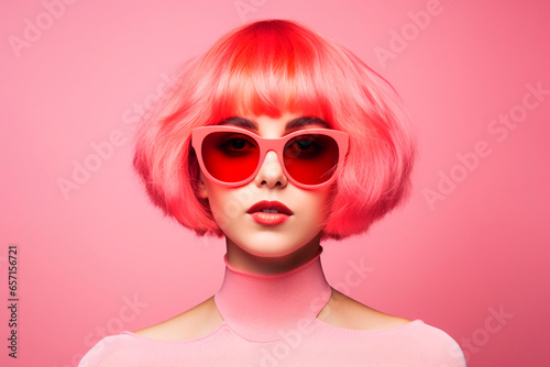 Fashion portrait of a beautiful pink - haired woman with a bob hairstyle and fashionable sunglasses