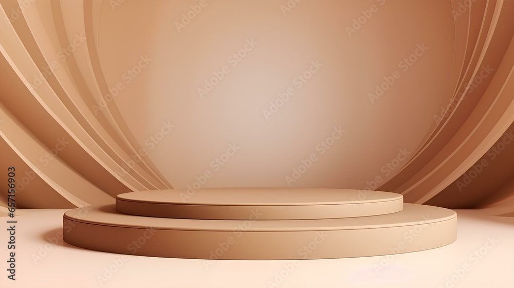 A stand for a product presentation or showcase, beige and light brown shades, with a cylindrical stand, a studio podium or a platform layout of a product template.