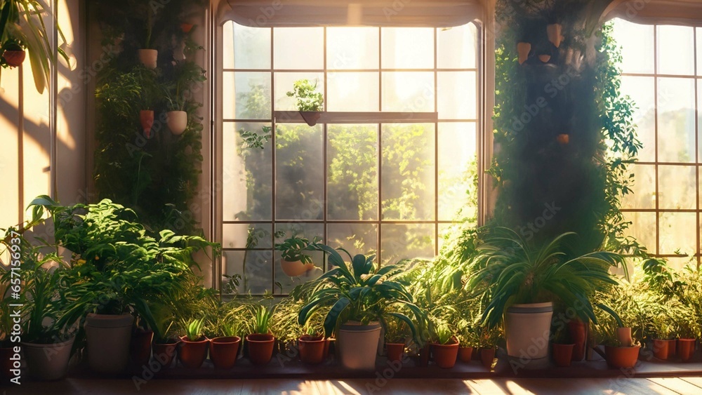 A window with lots of lush house plants