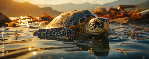 Exotic Sea Turtle Underwater, Tranquil Marine Life in a Tropical, aquatic animal sea turtle swimming near the water surface, Endangered Sea in Its Natural Habitat - Marine Conservation