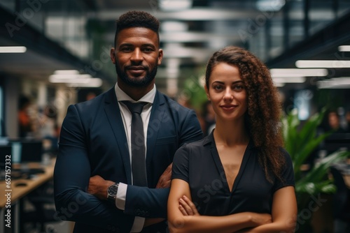 Two entrepreneurs, One male and one black female are standing side by side in an office space.