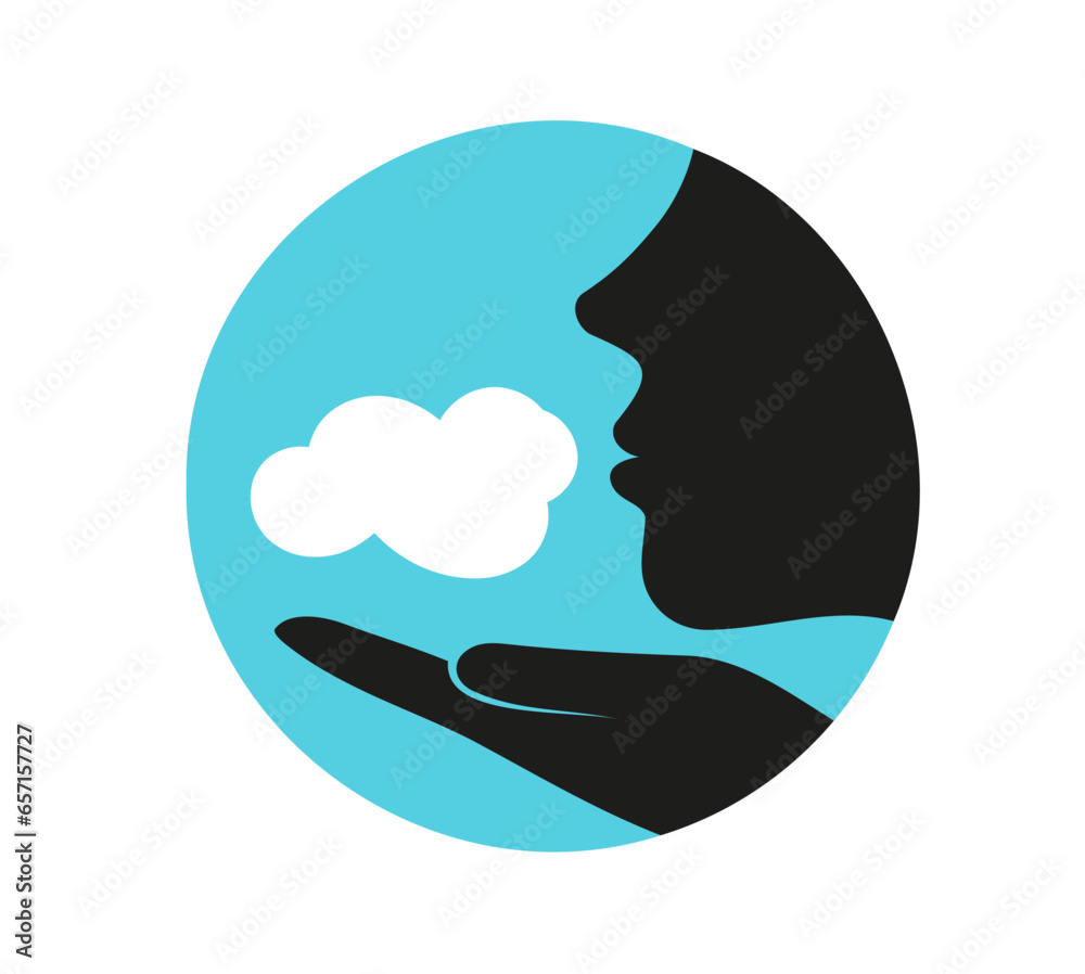 Umrisszeichnung eines Gesichts und einer Hand, Silhouette einer frau haucht in die Luft in form einer wölke, Geste für Luft ausatmen, sprechblase