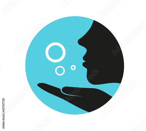 Umrisszeichnung eines Gesichts und einer Hand, Silhouette einer frau haucht in die Luft, Geste für Luft ausatmen