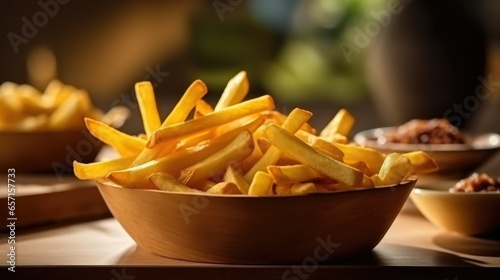 French fries on wooden table in the restaurant