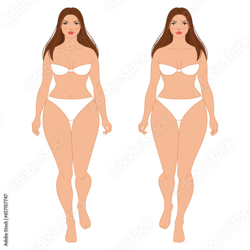 Plus size female fashion figure walking, vector template. Beautiful curvy woman body vector illustration. Female colored croquis with face and hair. 