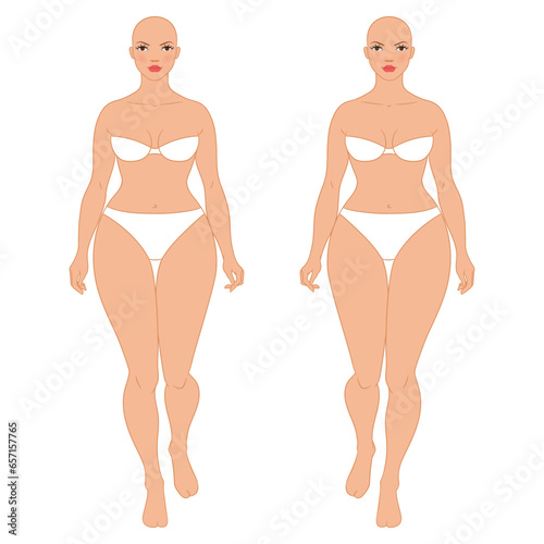 Plus size female fashion figure walking, vector template. Beautiful curvy woman body vector illustration. Female colored croquis. 