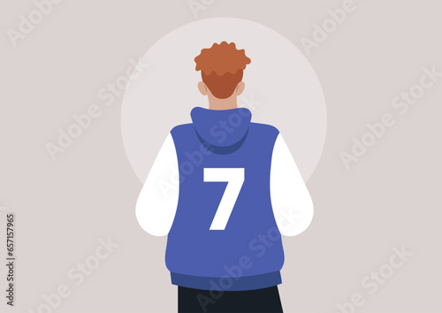 A rear view of a male character with ginger hair, dressed in a bomber jacket displaying the number 7 on the back