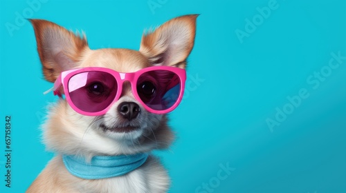 Chihuahua in pink glasses and a blue scarf.