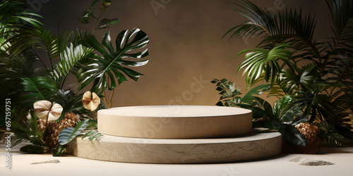beige round podium decorated with green garden plants,display for cosmetic .Empty showcase for product presentation