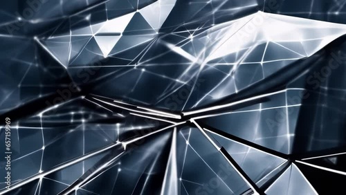 Dark low poly glass effect. Triangle shapes slowly sliding in different directions. Corporate motion background. 
