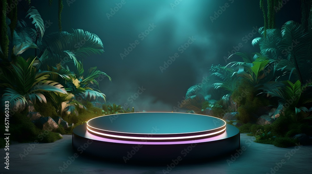 A pedestal in a rainforest garden with plants in blue shades. For the presentation of organic cosmetics, an advertising podium with neon lighting. Demonstration of natural products.