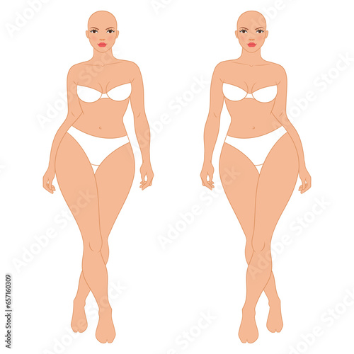 Plus size female fashion figure walking, vector template. Beautiful curvy woman body vector illustration. Female colored croquis. 