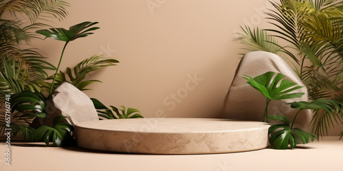 beige round podium decorated with green garden plants display for cosmetic .Empty showcase for product presentation