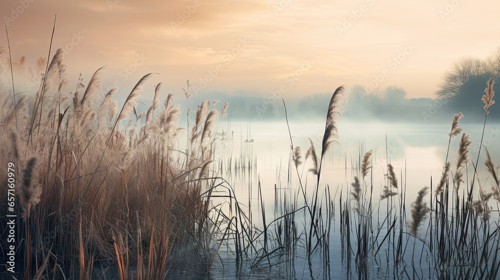 Beautiful serene nature scene with river reeds fog and water Beautiful serene nature scene with river reeds fog and water