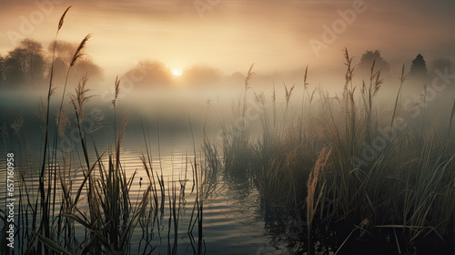 Beautiful serene nature scene with river reeds fog and water photo