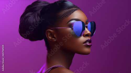 Elegant Elevation: A High-Fashion Studio Portrait of a Stylish Young African American Woman, Adorned with Sunglasses and Stunning Makeup, Isolated on a Bold Purple Background.