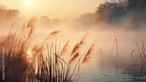 Beautiful serene nature scene with river reeds fog and water