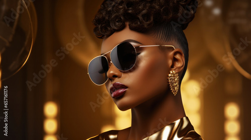 Golden Chic: Studio Portrait of a Stylish African-American Woman in Gold Sunglasses, Accessories, and Makeup, Set Against a Glistening Gold Background.