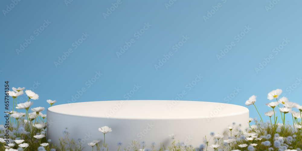 white podium with flower garden decorations clear sky on background,Empty showcase for product presentation..