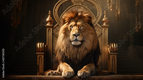 Regal Dominance  A Lion Seated Majestically on a Throne  Exuding Kingly Authority Against a Dark Background.