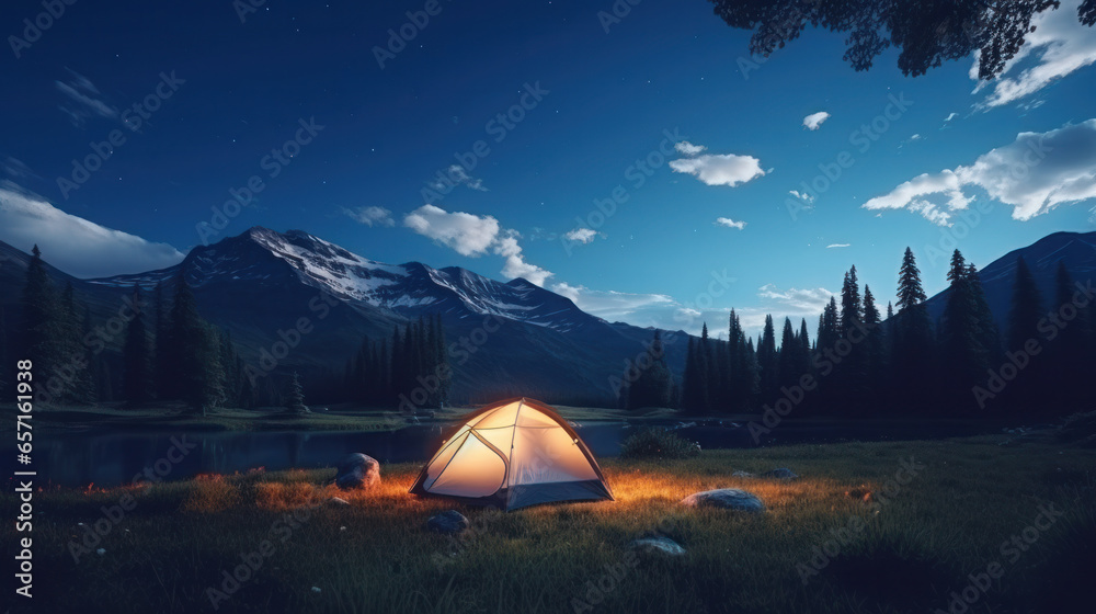 Nighttime Camping Adventure: A Tent Nestled in the Heart of Nature, Surrounded by a Stunning Landscape, Set in a Natural and Protected Area.