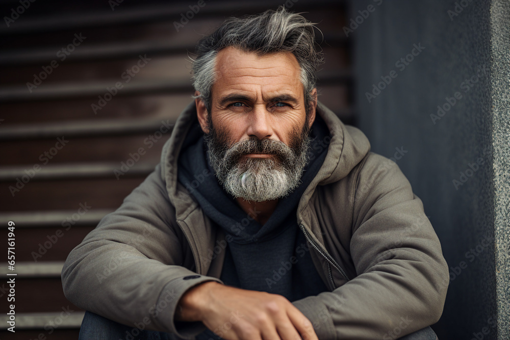 Photo generative AI image of a serious handsome man outdoors in the city