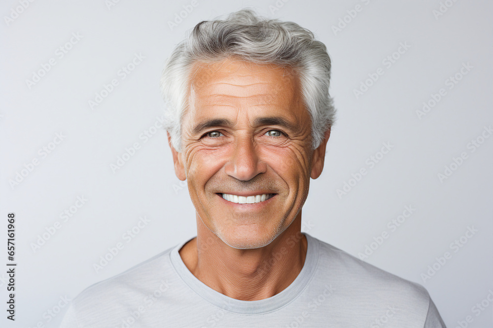 Generative AI picture of cheerful man after whitening teeth procedure in dental clinic isolated on white background - obrazy, fototapety, plakaty 