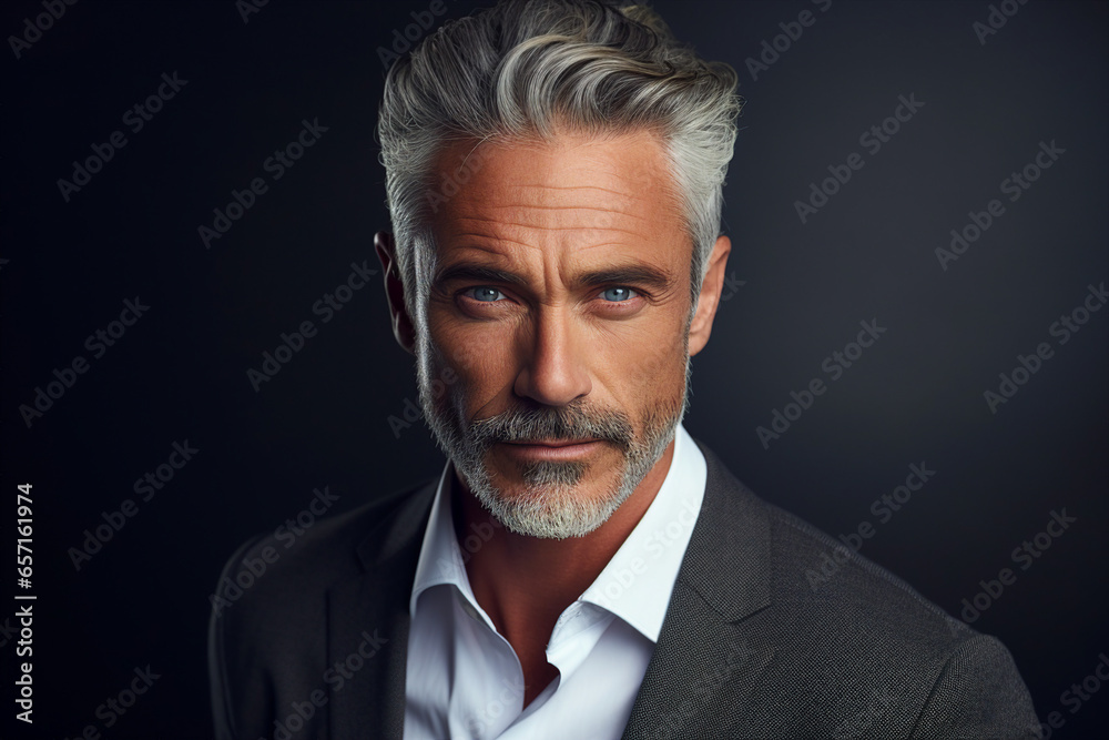 Generative AI photography of handsome confident man celebrity star isolated on grey background