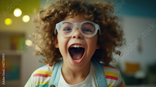 Joyful Kindergarten Moments: A Cute and Cheerful Kid with Glasses Embracing the Fun and Playfulness of Childhood with a Radiant Smile.