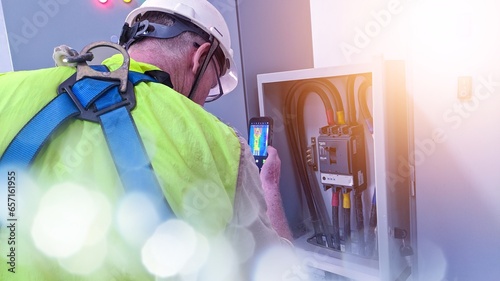 Foto Technician Engineering use thermal imaging camera to check temperature of instalation inverter solar panel in factory
with shiny light and space  text