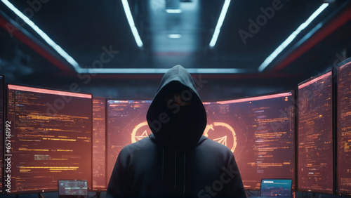 A hacker wearing a hoodie, surrounded by technology. Face in shadow. Anonymous. Cybersecurity concept. Network security. Server data breach. Author of malware and cryptolockers. The bad guy. Shadowy photo