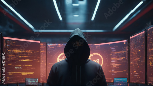 A hacker wearing a hoodie, surrounded by technology. Face in shadow. Anonymous. Cybersecurity concept. Network security. Server data breach. Author of malware and cryptolockers. The bad guy. Shadowy