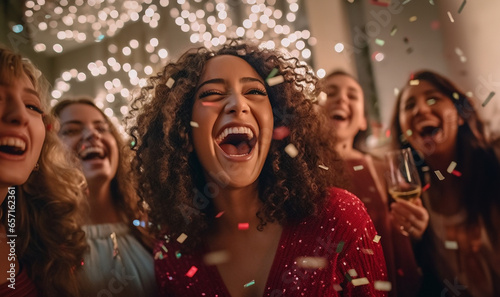 Group of girlfriends at a Christmas party having fun and celebrating Christmas. Portrait of laughing friends enjoying xmas lights at new year party happy photo